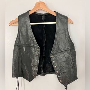 Vintage Black Leather Snap-Front Vest